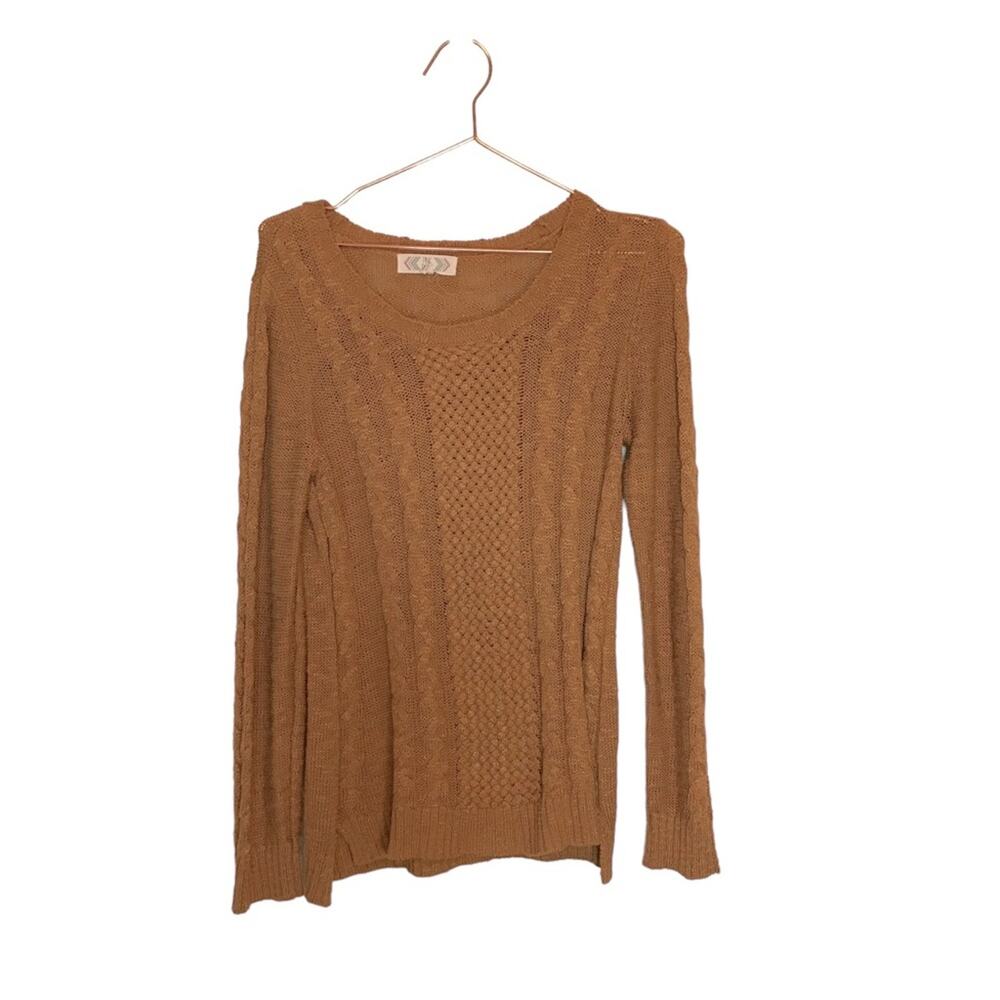 Pink rose sweater gold,yellow with braiding down the middle scoop neck medium